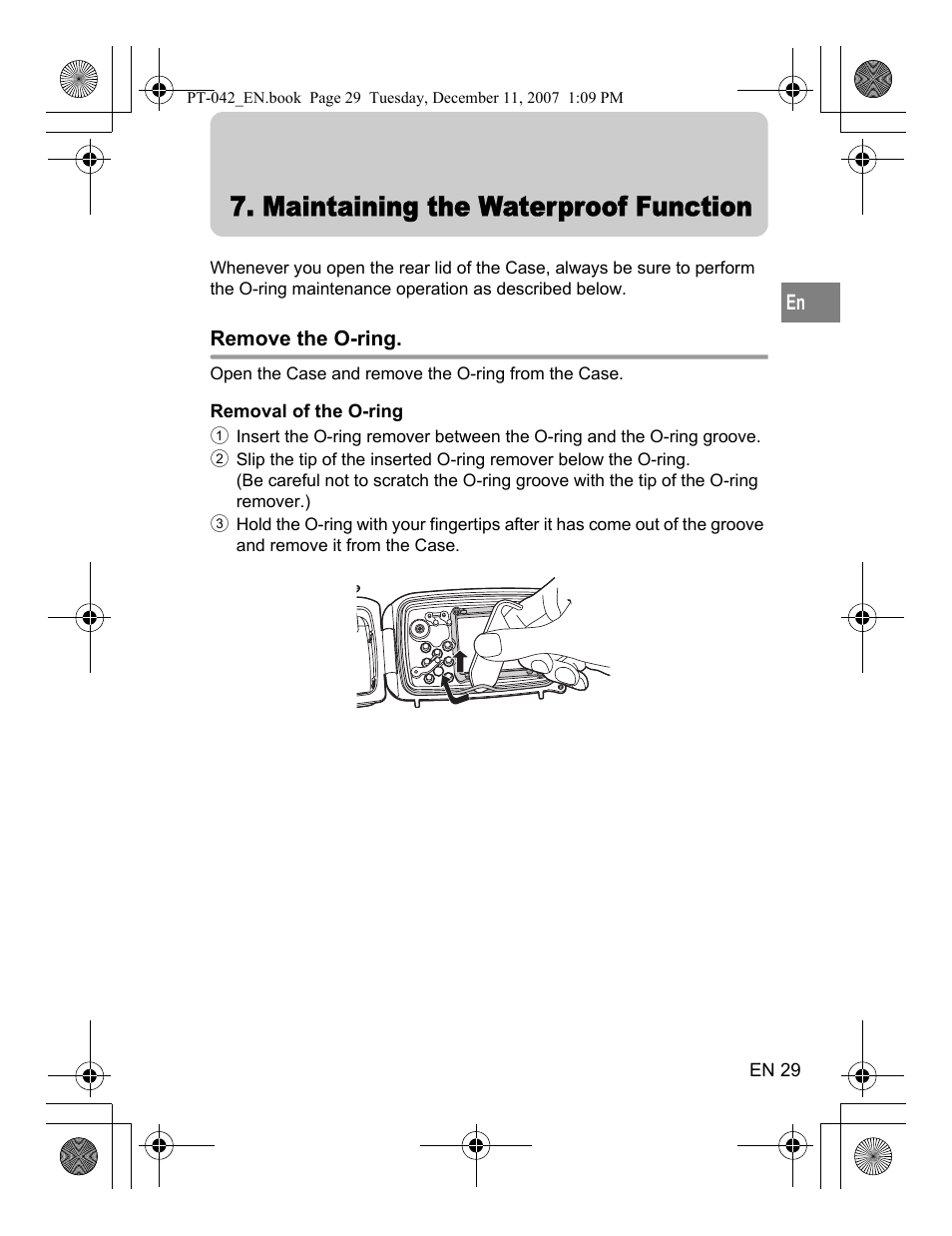 Maintaining the waterproof function, Remove the o-ring | Olympus PT-042 User Manual | Page 67 / 268