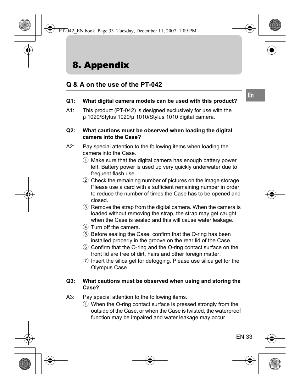 Appendix, Q & a on the use of the pt-042 | Olympus PT-042 User Manual | Page 71 / 268