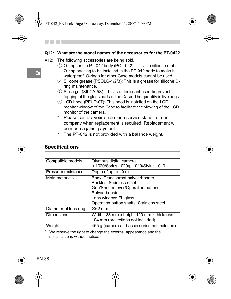 Specifications | Olympus PT-042 User Manual | Page 76 / 268