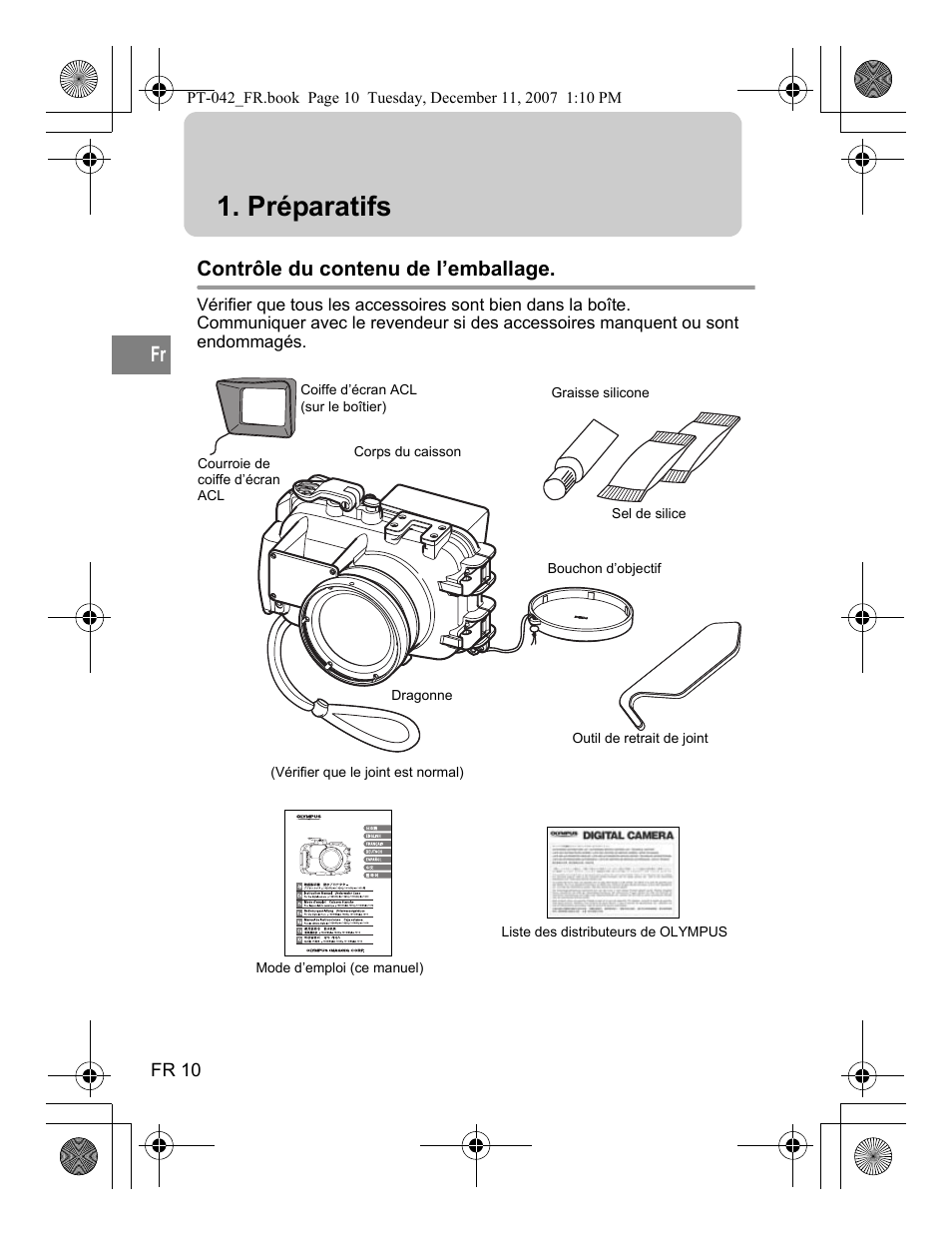 Préparatifs, Contrôle du contenu de l’emballage | Olympus PT-042 User Manual | Page 86 / 268