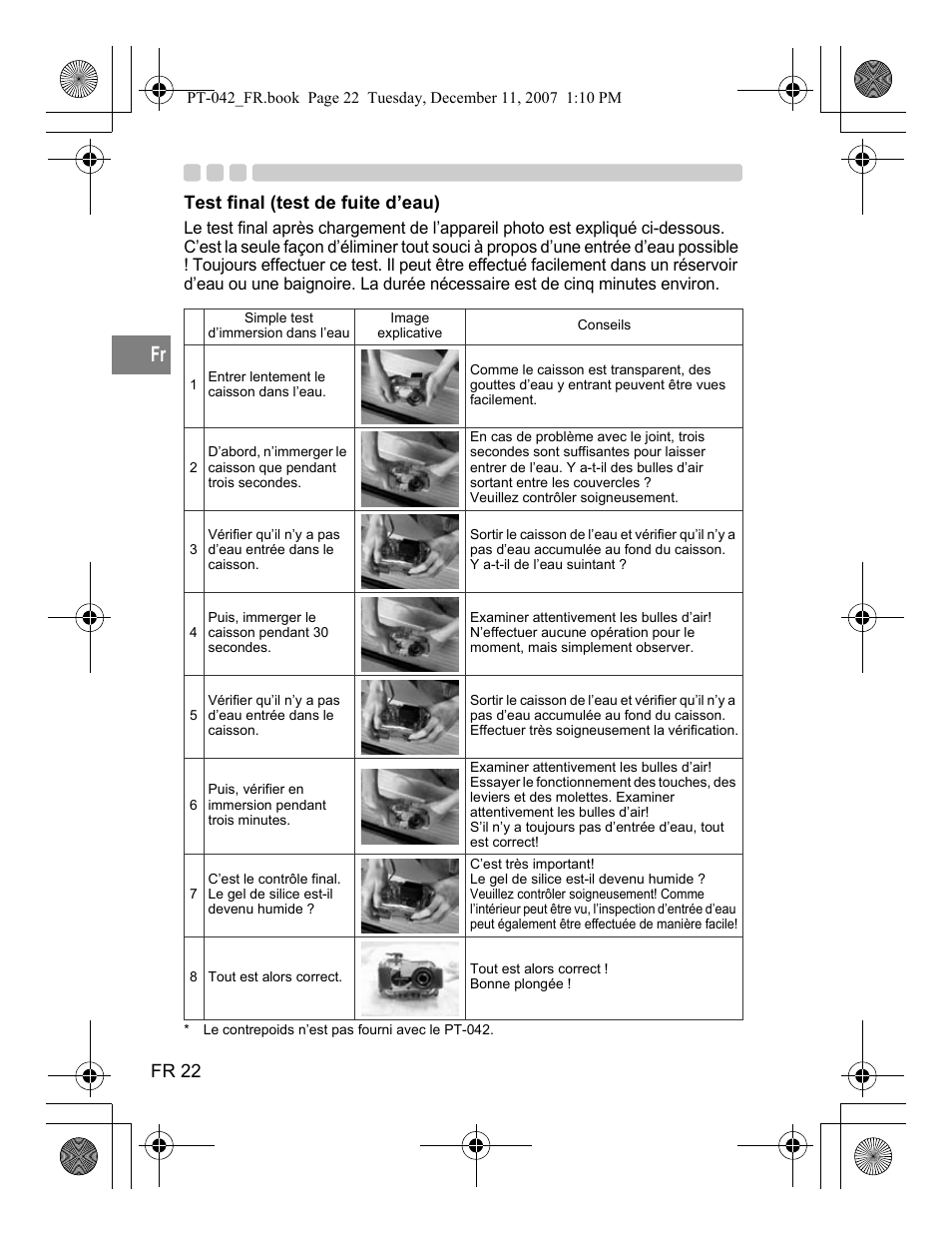 Fr 22, Test final (test de fuite d’eau) | Olympus PT-042 User Manual | Page 98 / 268