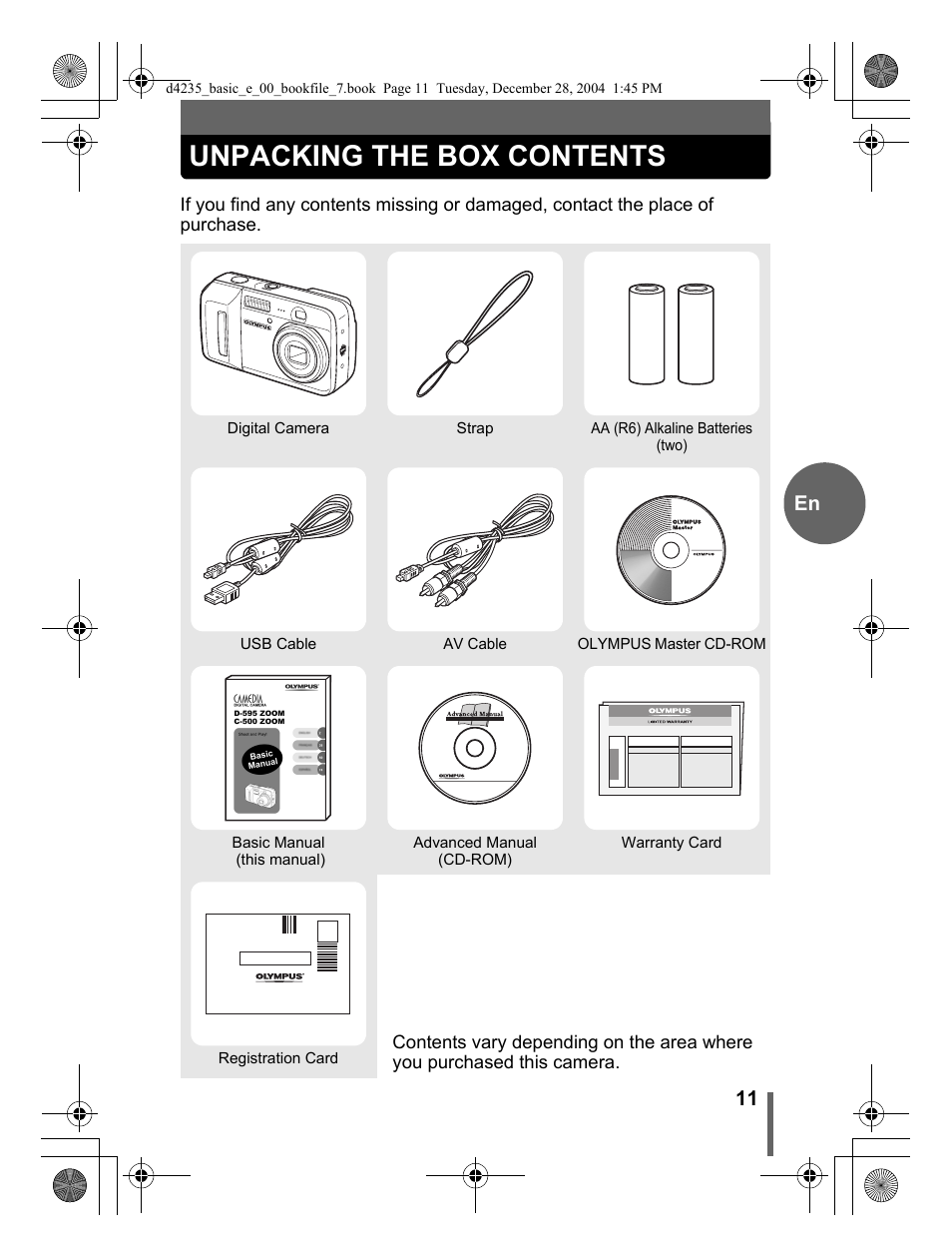Unpacking the box contents | Olympus D-595 Zoom User Manual | Page 11 / 100