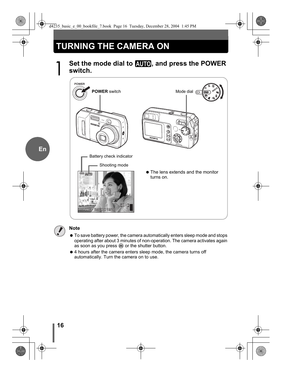 Turning the camera on | Olympus D-595 Zoom User Manual | Page 16 / 100