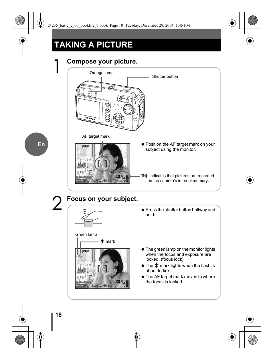 Taking a picture, Compose your picture, Focus on your subject | Olympus D-595 Zoom User Manual | Page 18 / 100