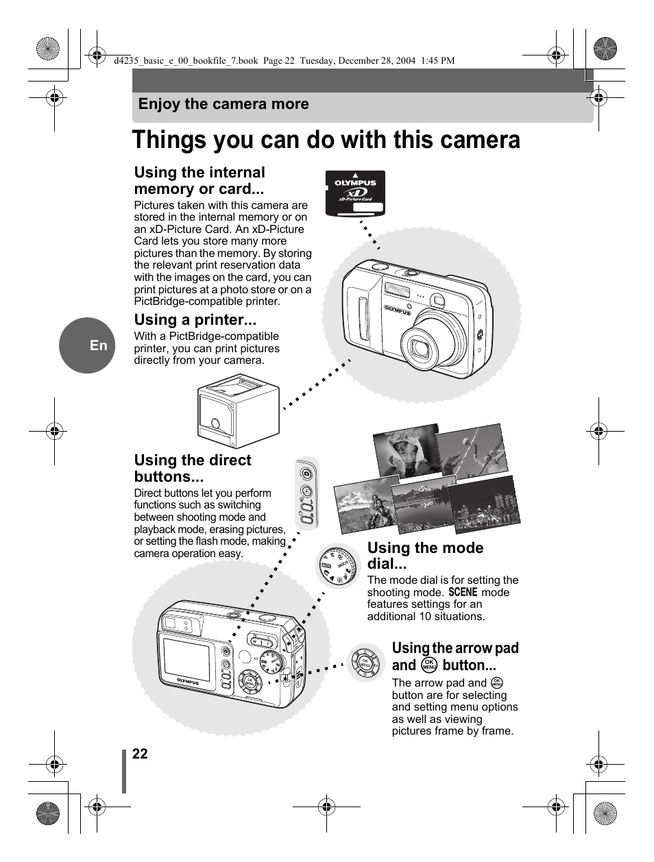 Things you can do with this camera, Enjoy the camera more, Using a printer | Using the direct buttons, Using the mode dial, Using the arrow pad and z button | Olympus D-595 Zoom User Manual | Page 22 / 100