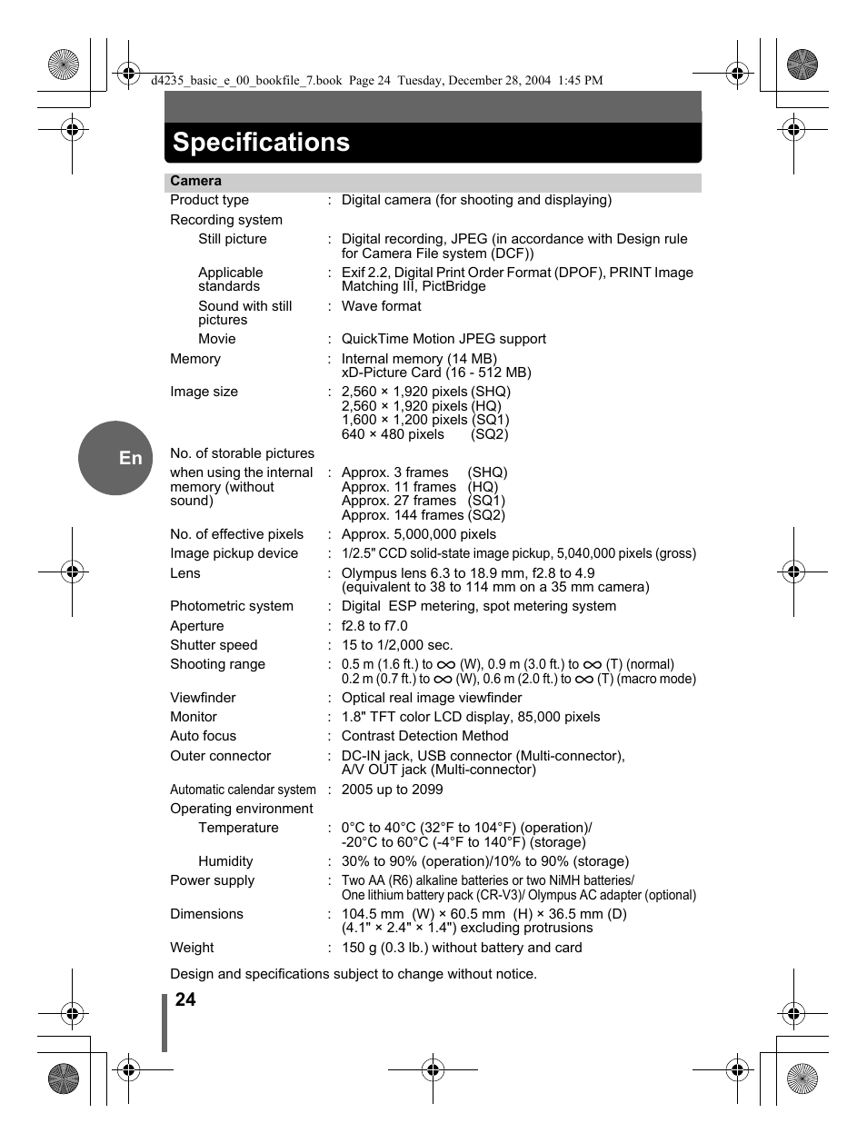 Specifications, 24 en | Olympus D-595 Zoom User Manual | Page 24 / 100