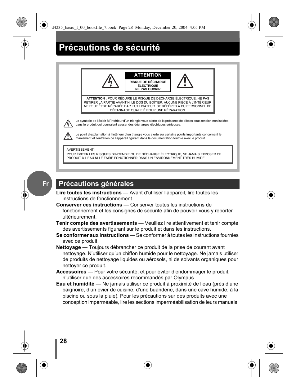 Précautions de sécurité, Précautions générales, 28 fr | Olympus D-595 Zoom User Manual | Page 28 / 100