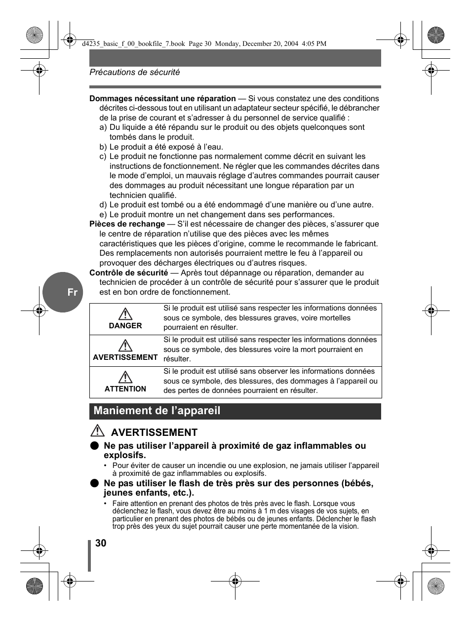 Maniement de l’appareil, 30 fr, Avertissement | Olympus D-595 Zoom User Manual | Page 30 / 100