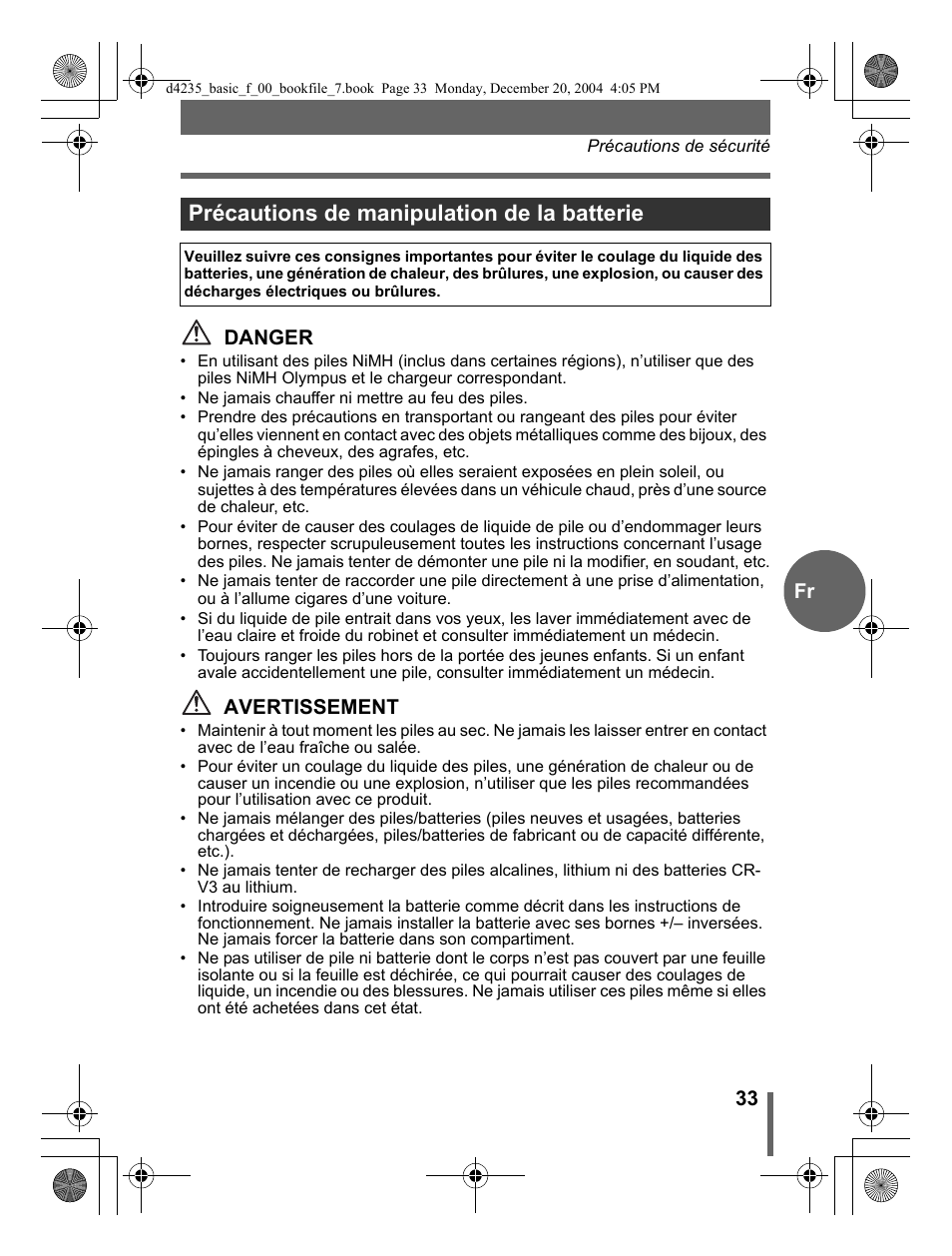 Précautions de manipulation de la batterie, 33 fr danger, Avertissement | Olympus D-595 Zoom User Manual | Page 33 / 100