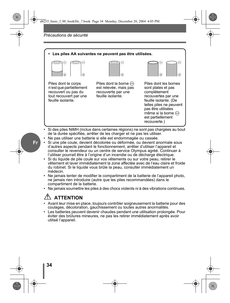 34 fr, Attention | Olympus D-595 Zoom User Manual | Page 34 / 100