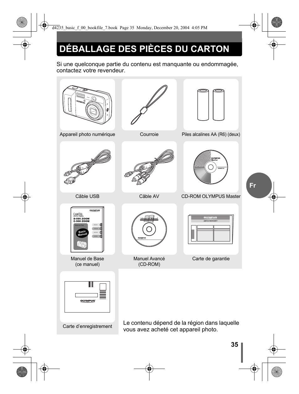 Déballage des pièces du carton | Olympus D-595 Zoom User Manual | Page 35 / 100