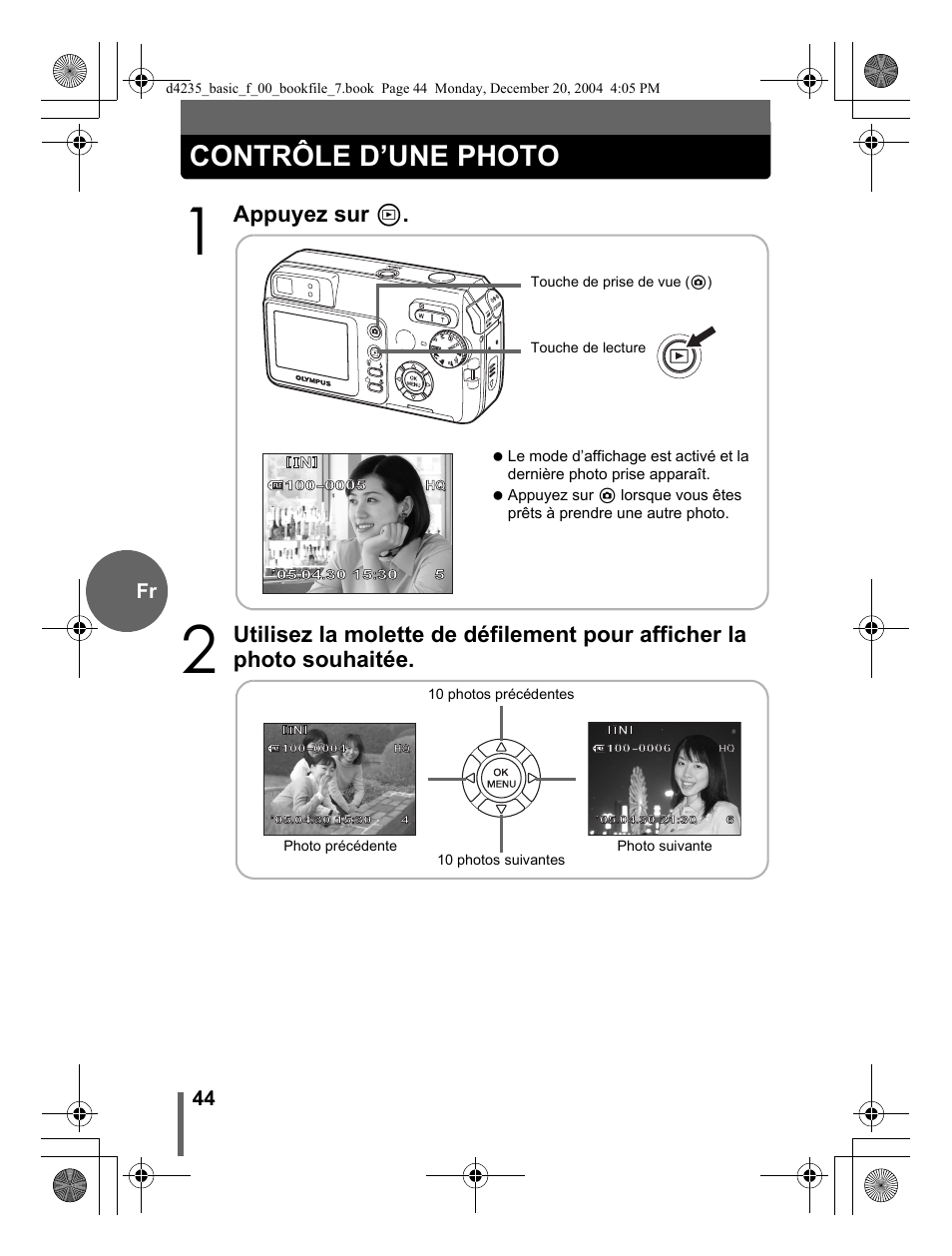 Contrôle d’une photo, Appuyez sur, 44 fr | Olympus D-595 Zoom User Manual | Page 44 / 100