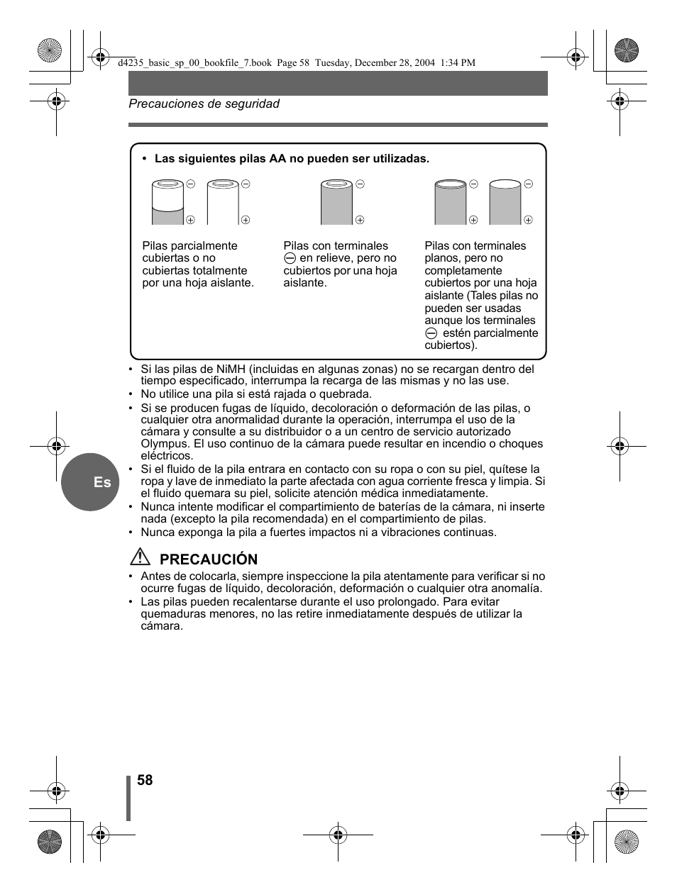 58 es, Precaución | Olympus D-595 Zoom User Manual | Page 58 / 100