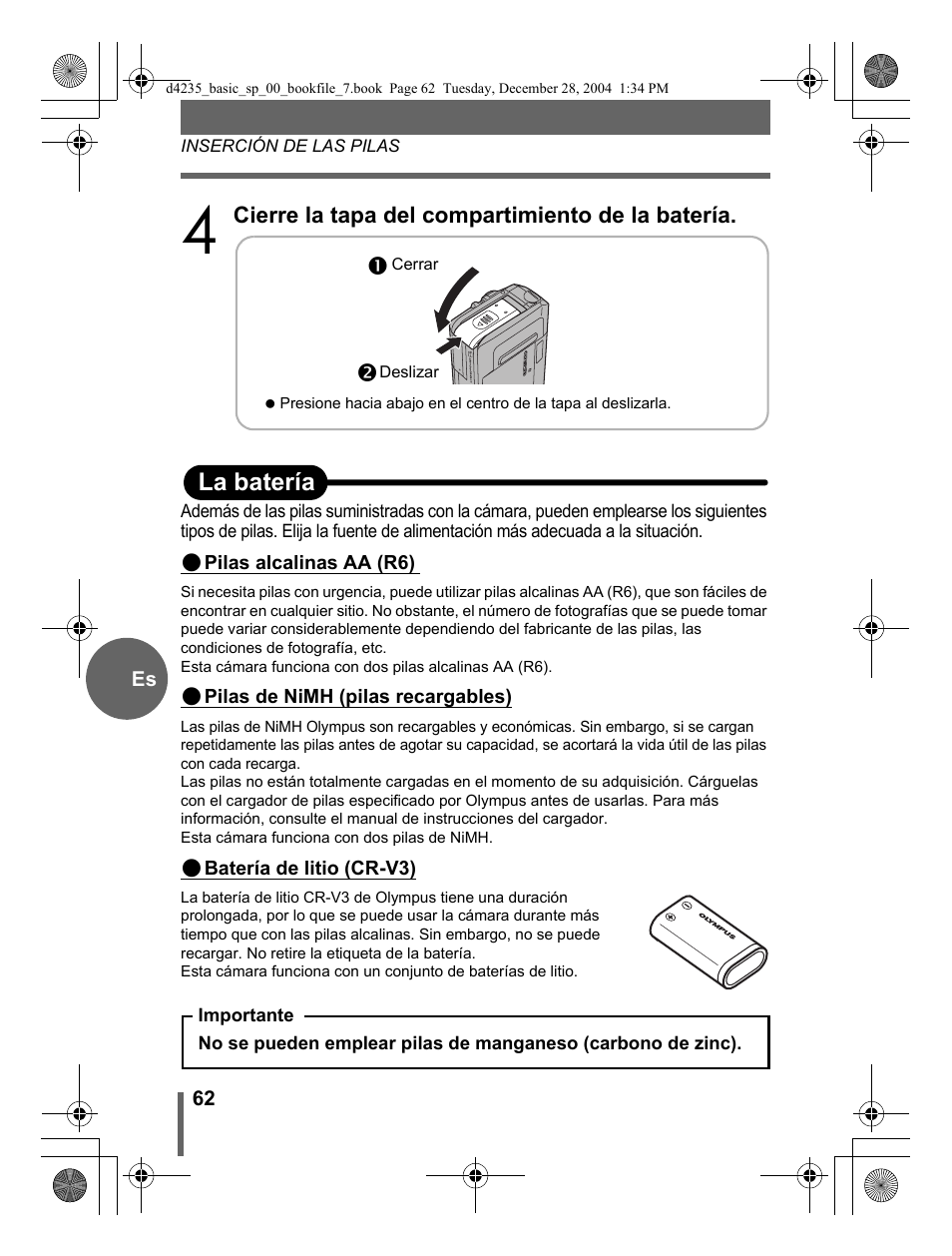 Ola batería | Olympus D-595 Zoom User Manual | Page 62 / 100