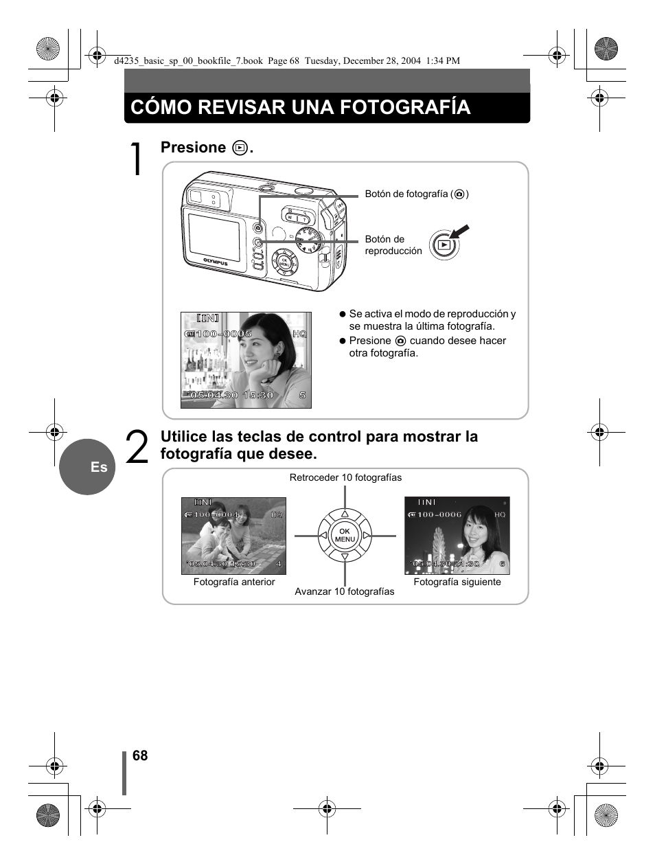 Cómo revisar una fotografía, Presione, 68 es | Olympus D-595 Zoom User Manual | Page 68 / 100