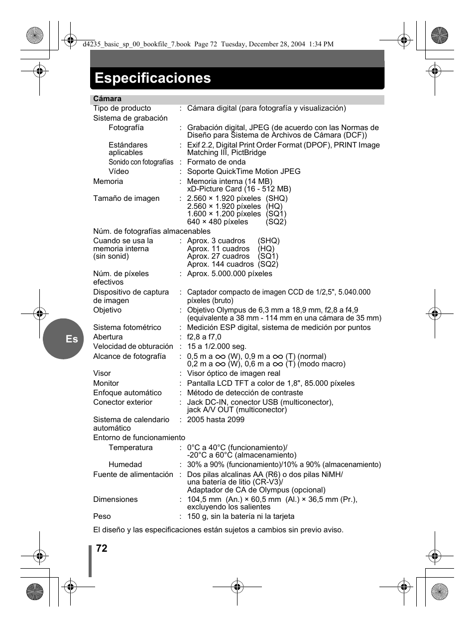 Especificaciones, 72 es | Olympus D-595 Zoom User Manual | Page 72 / 100