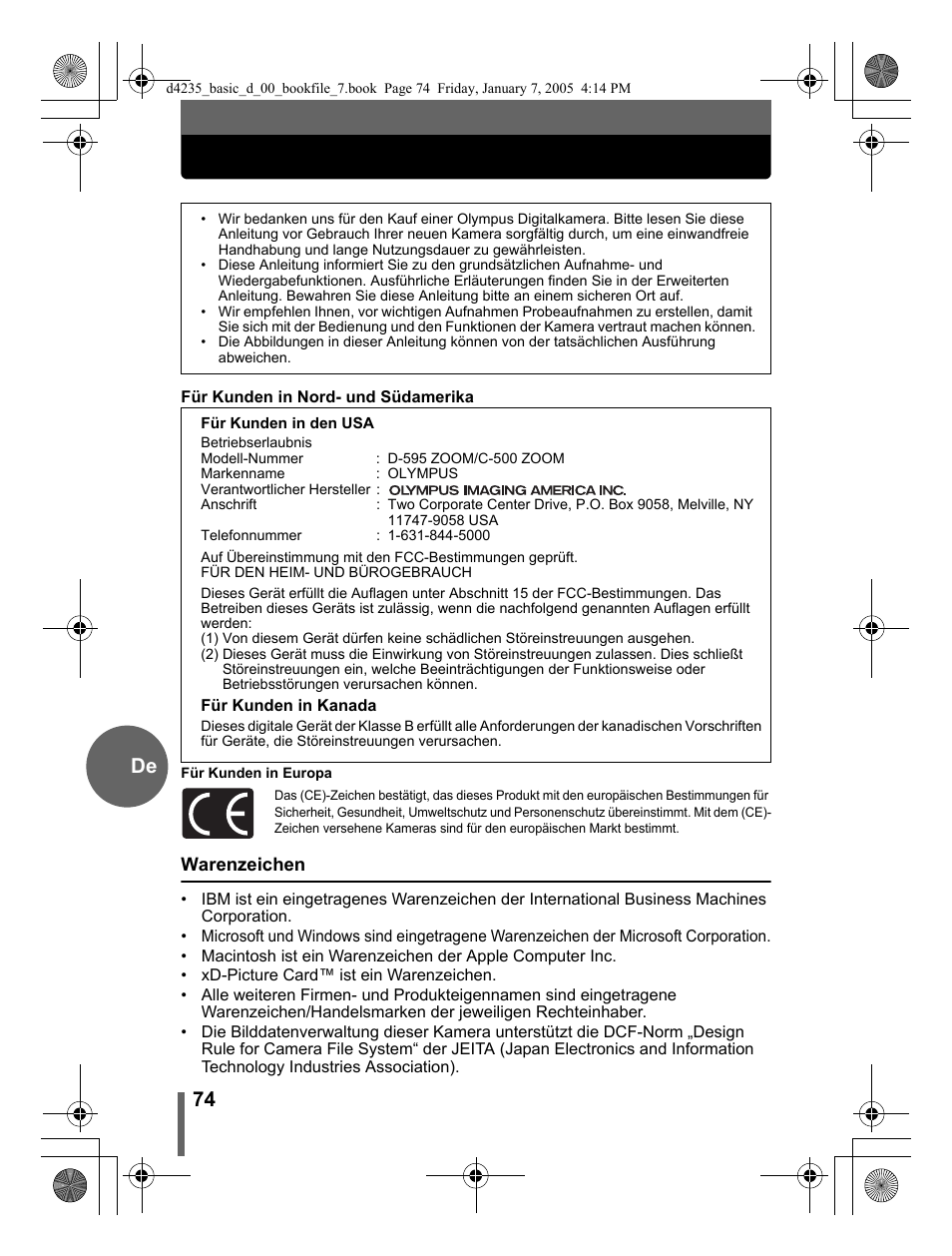 74 de | Olympus D-595 Zoom User Manual | Page 74 / 100