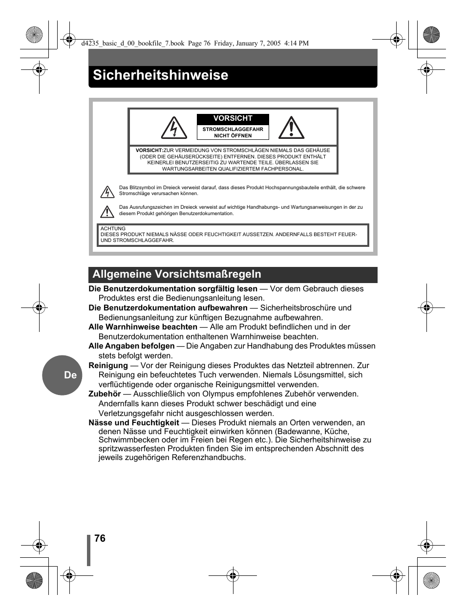 Sicherheitshinweise, Allgemeine vorsichtsmaßregeln, 76 de | Olympus D-595 Zoom User Manual | Page 76 / 100