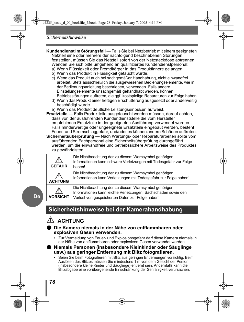 Sicherheitshinweise bei der kamerahandhabung, 78 de, Achtung | Olympus D-595 Zoom User Manual | Page 78 / 100