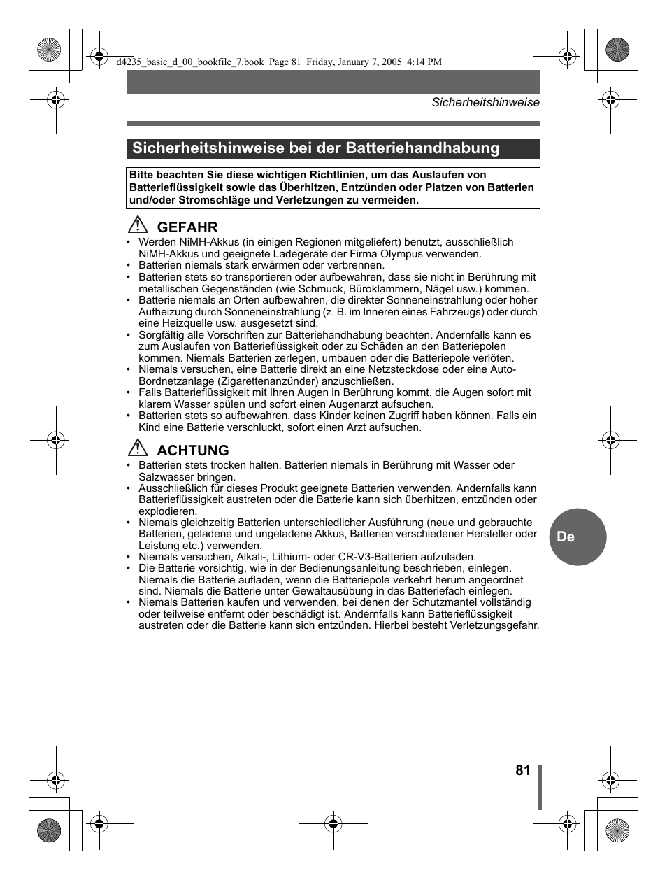 Sicherheitshinweise bei der batteriehandhabung, 81 de gefahr, Achtung | Olympus D-595 Zoom User Manual | Page 81 / 100