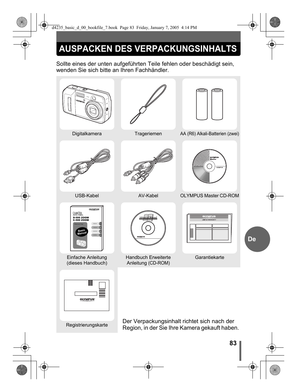 Auspacken des verpackungsinhalts | Olympus D-595 Zoom User Manual | Page 83 / 100