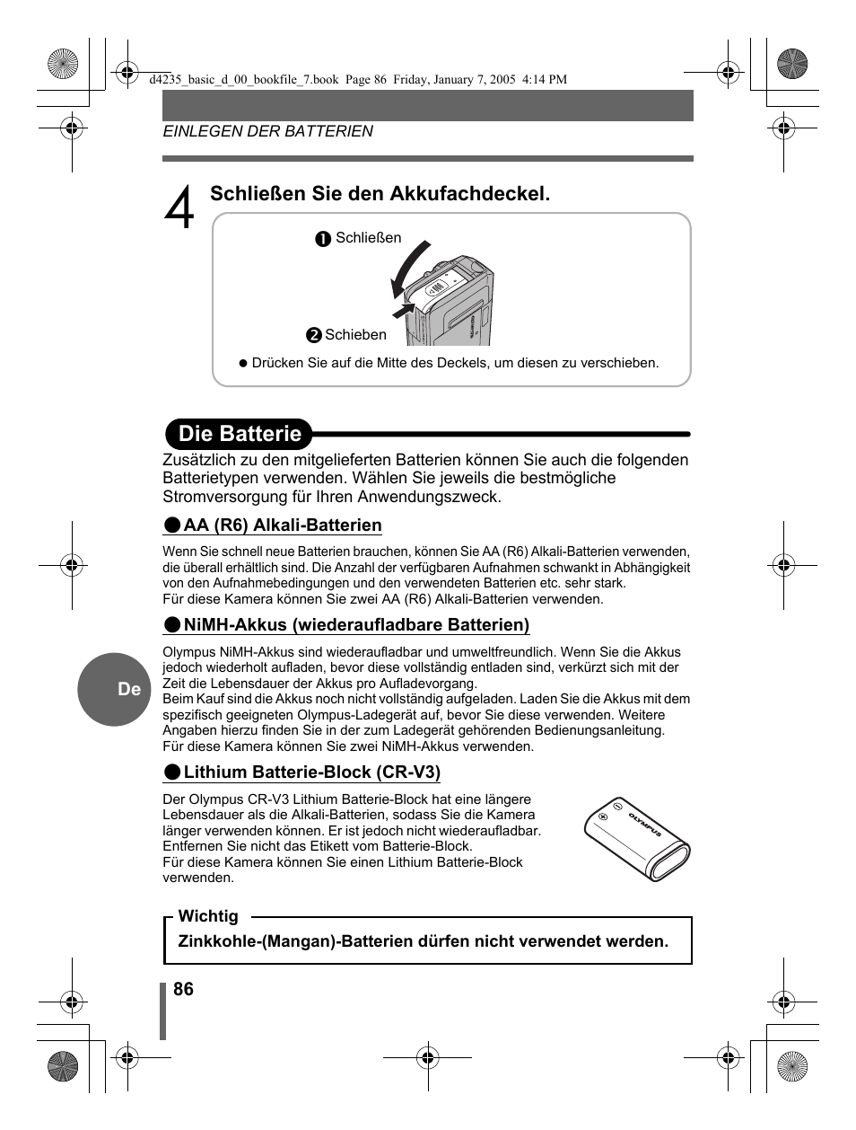 Odie batterie | Olympus D-595 Zoom User Manual | Page 86 / 100