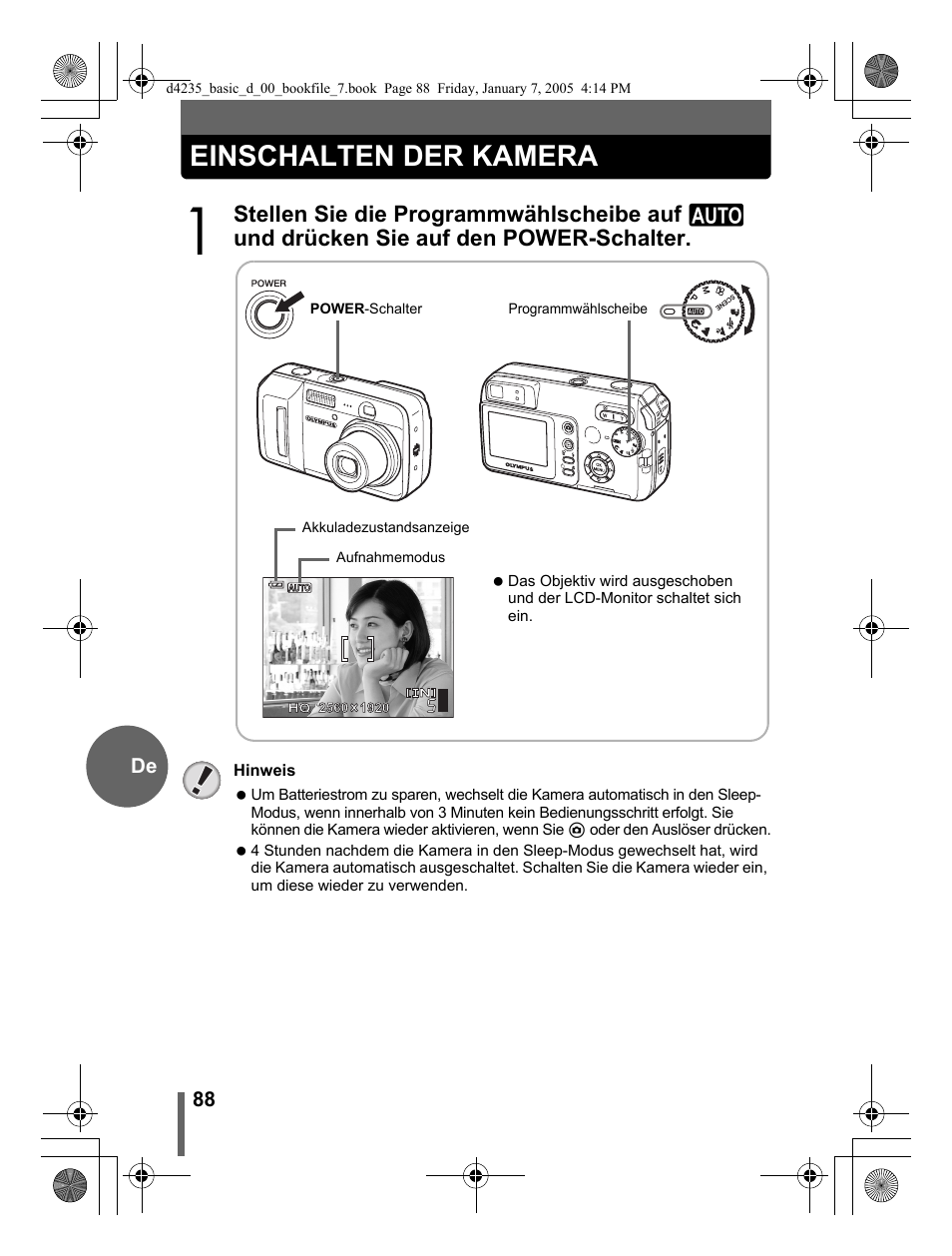 Einschalten der kamera | Olympus D-595 Zoom User Manual | Page 88 / 100