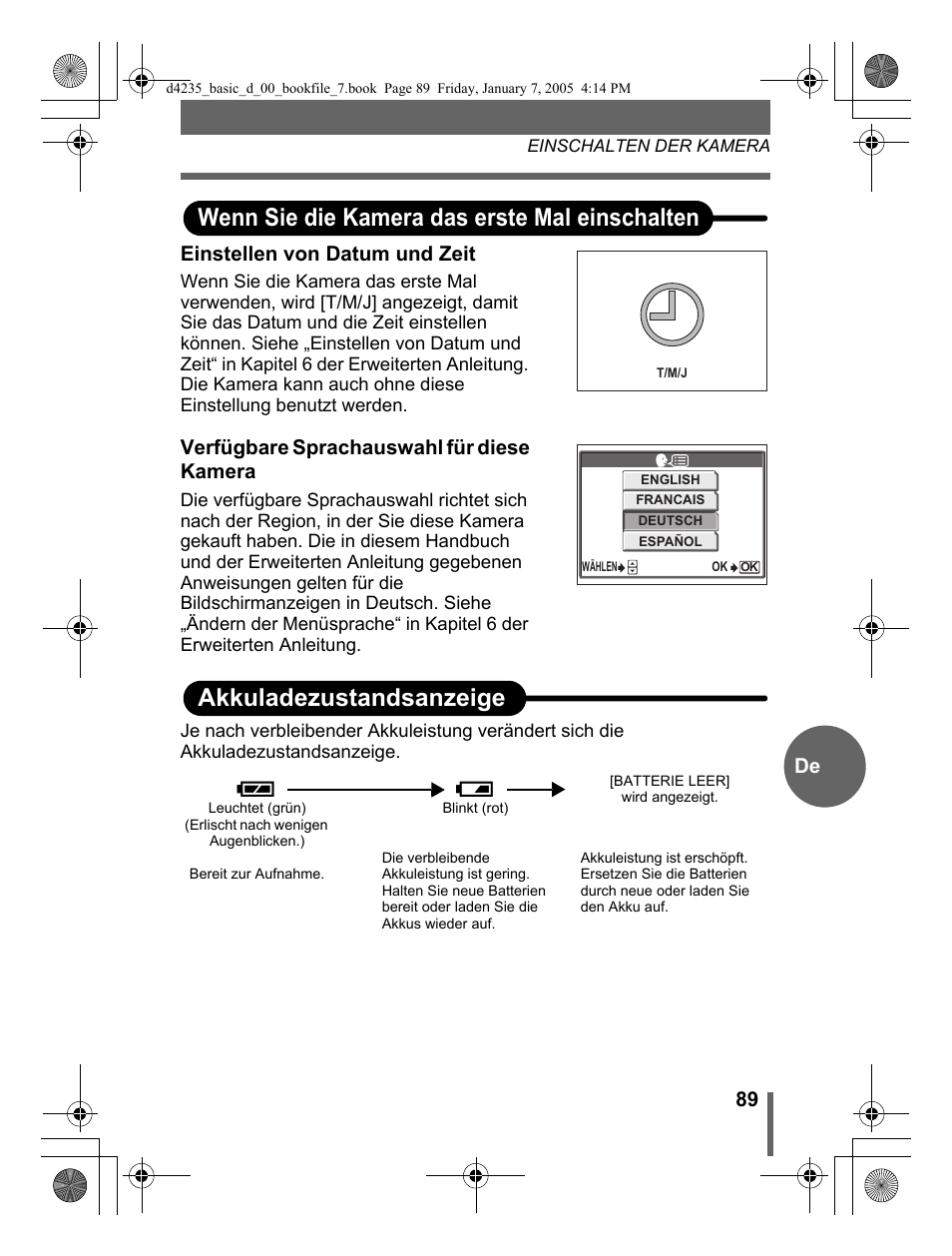Wenn sie die kamera das erste mal einschalten, Akkuladezustandsanzeige, 89 de einstellen von datum und zeit | Verfügbare sprachauswahl für diese kamera | Olympus D-595 Zoom User Manual | Page 89 / 100