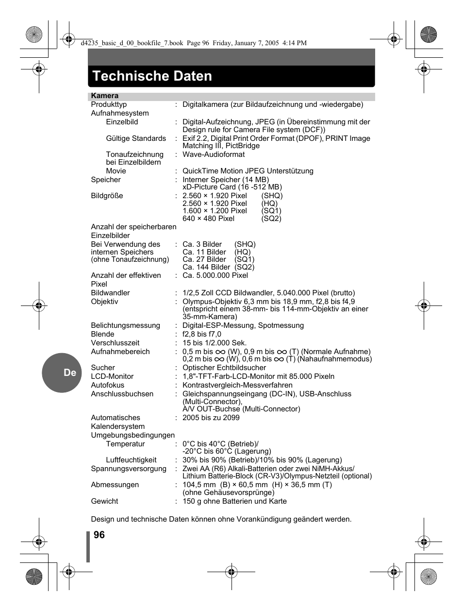 Technische daten, 96 de | Olympus D-595 Zoom User Manual | Page 96 / 100