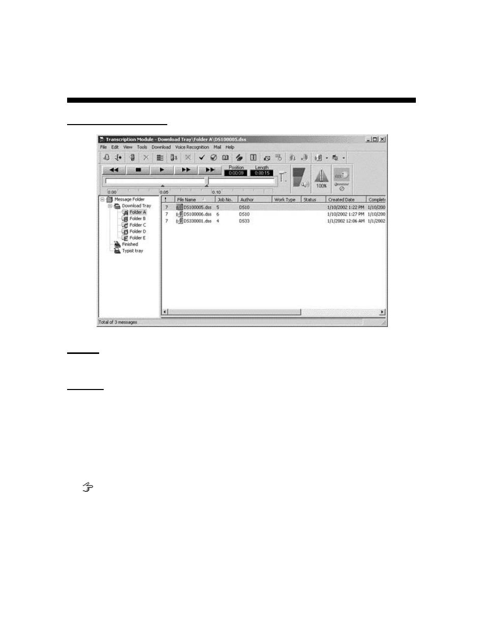 Transcription window, Title bar, Menu bar | Olympus DS-3000 User Manual | Page 23 / 53