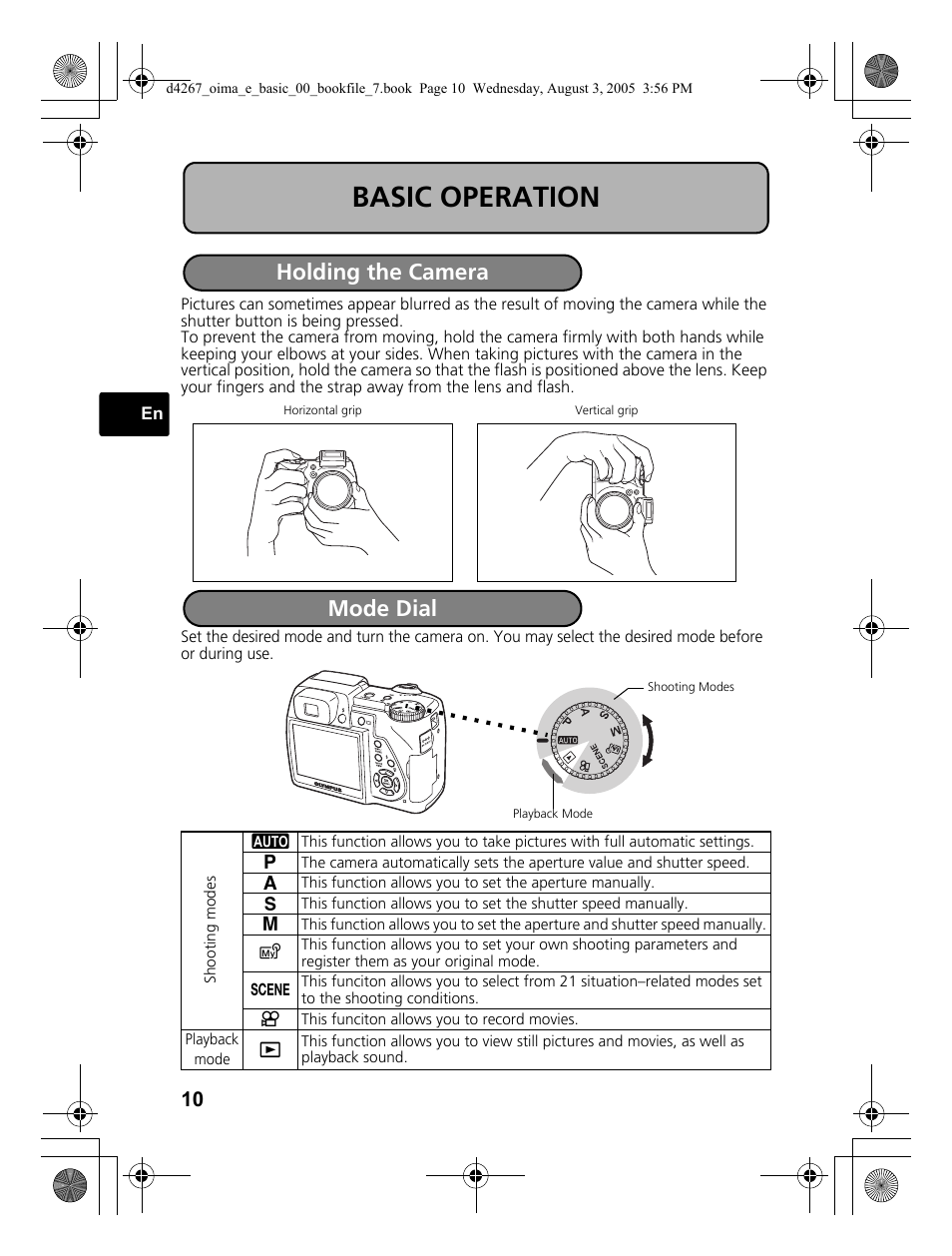 Basic operation, Holding the camera, Mode dial | Holding the camera mode dial | Olympus SP-500 UZ User Manual | Page 10 / 84