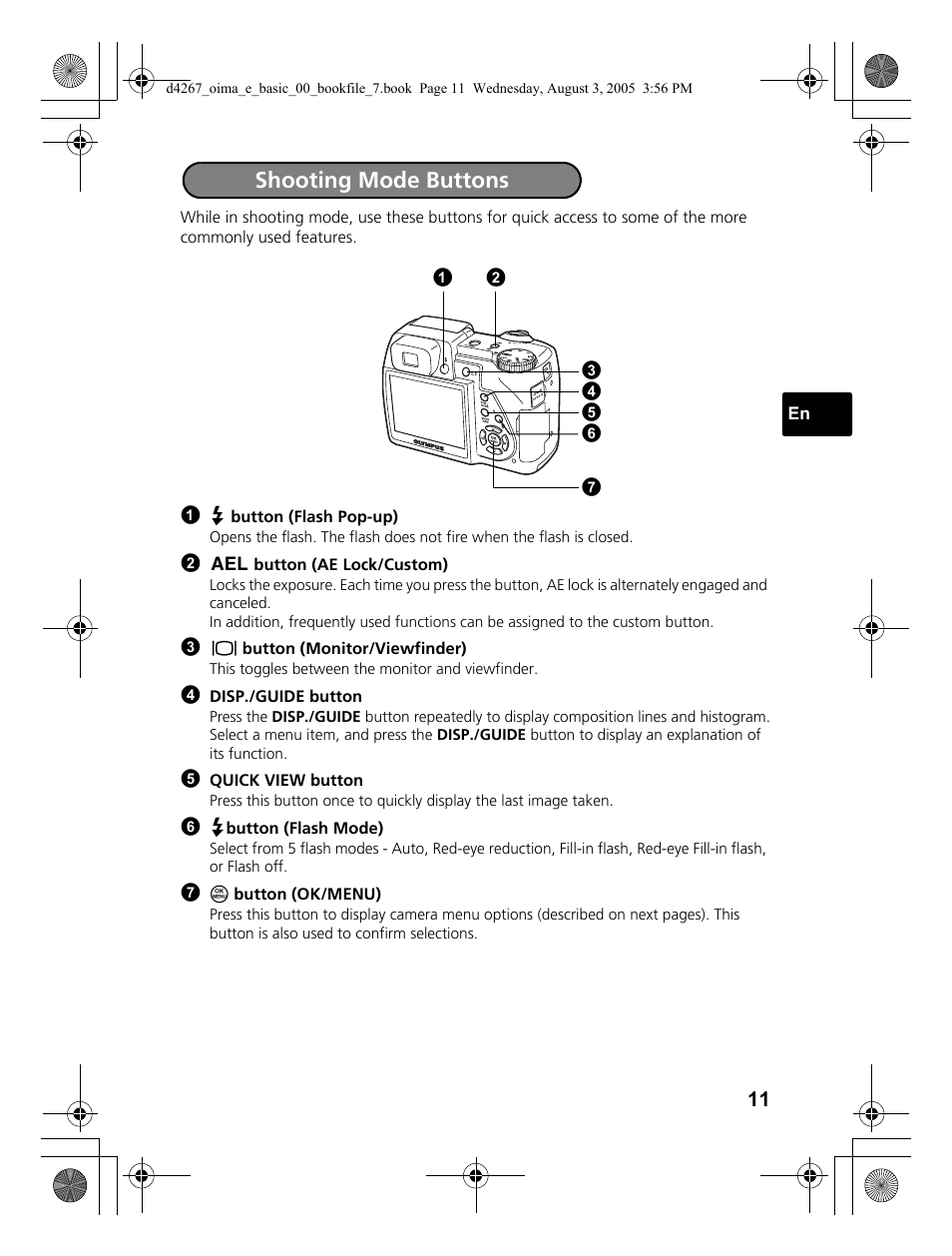 Shooting mode buttons | Olympus SP-500 UZ User Manual | Page 11 / 84