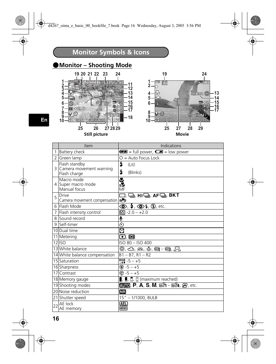 Monitor symbols & icons, Monitor – shooting mode | Olympus SP-500 UZ User Manual | Page 16 / 84