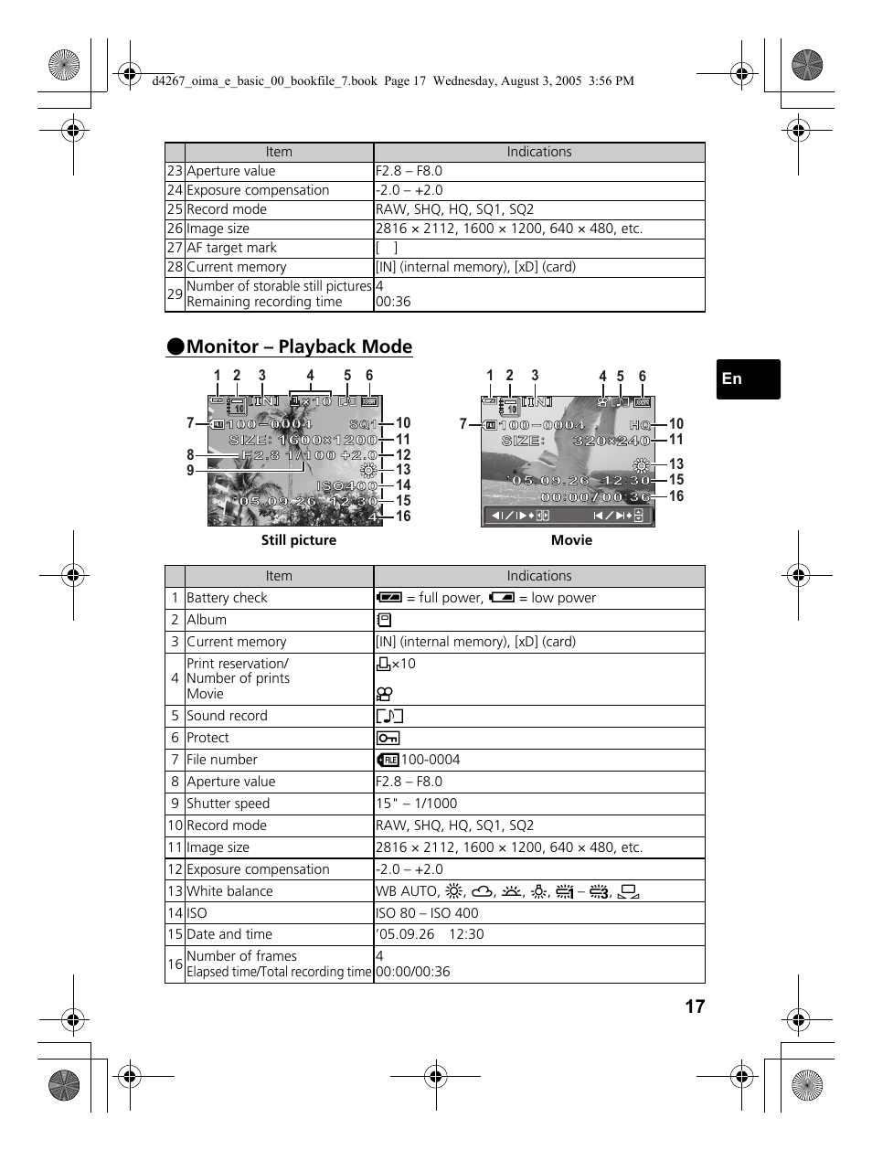 Monitor – playback mode | Olympus SP-500 UZ User Manual | Page 17 / 84