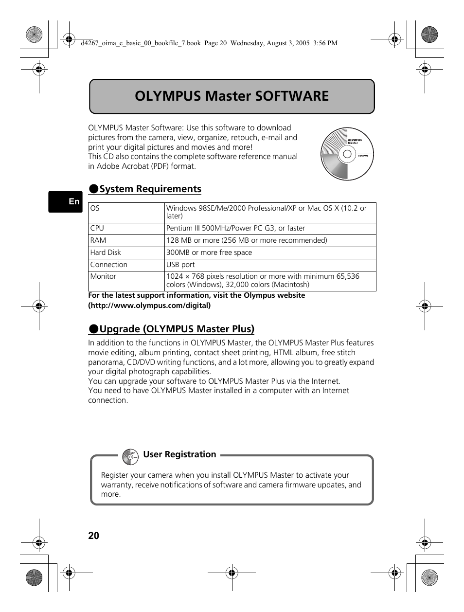 Olympus master software, System requirements, Upgrade (olympus master plus) | Olympus SP-500 UZ User Manual | Page 20 / 84