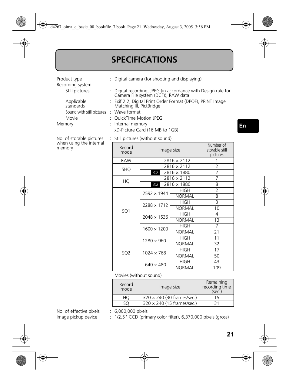 Specifications | Olympus SP-500 UZ User Manual | Page 21 / 84