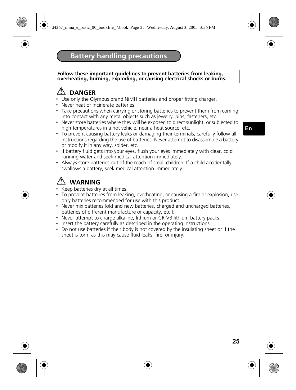 Battery handling precautions | Olympus SP-500 UZ User Manual | Page 25 / 84