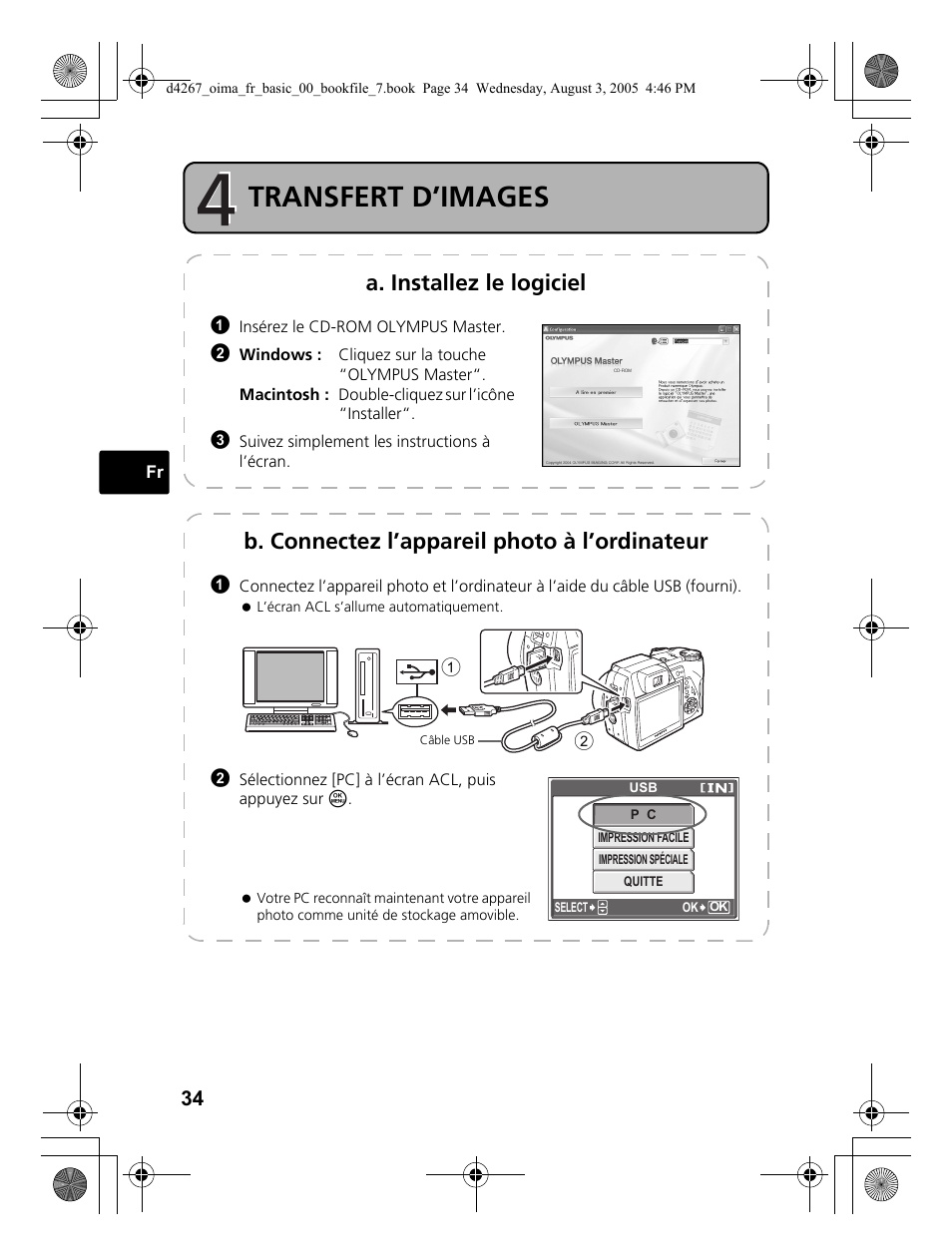 Transfert d’images, A. installez le logiciel, B. connectez l’appareil photo à l’ordinateur | Olympus SP-500 UZ User Manual | Page 34 / 84