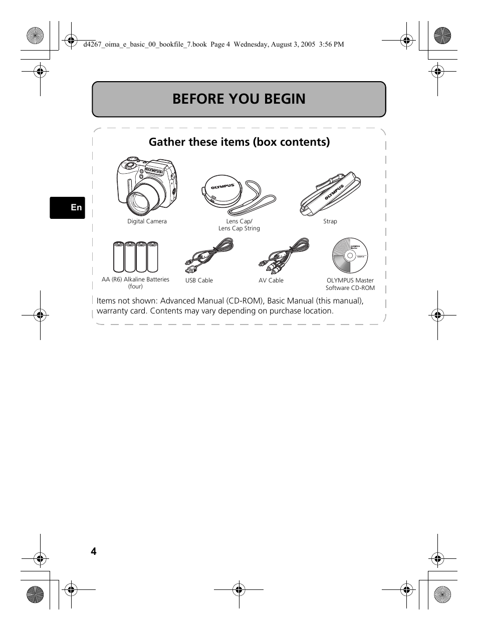 Before you begin, Gather these items (box contents) | Olympus SP-500 UZ User Manual | Page 4 / 84