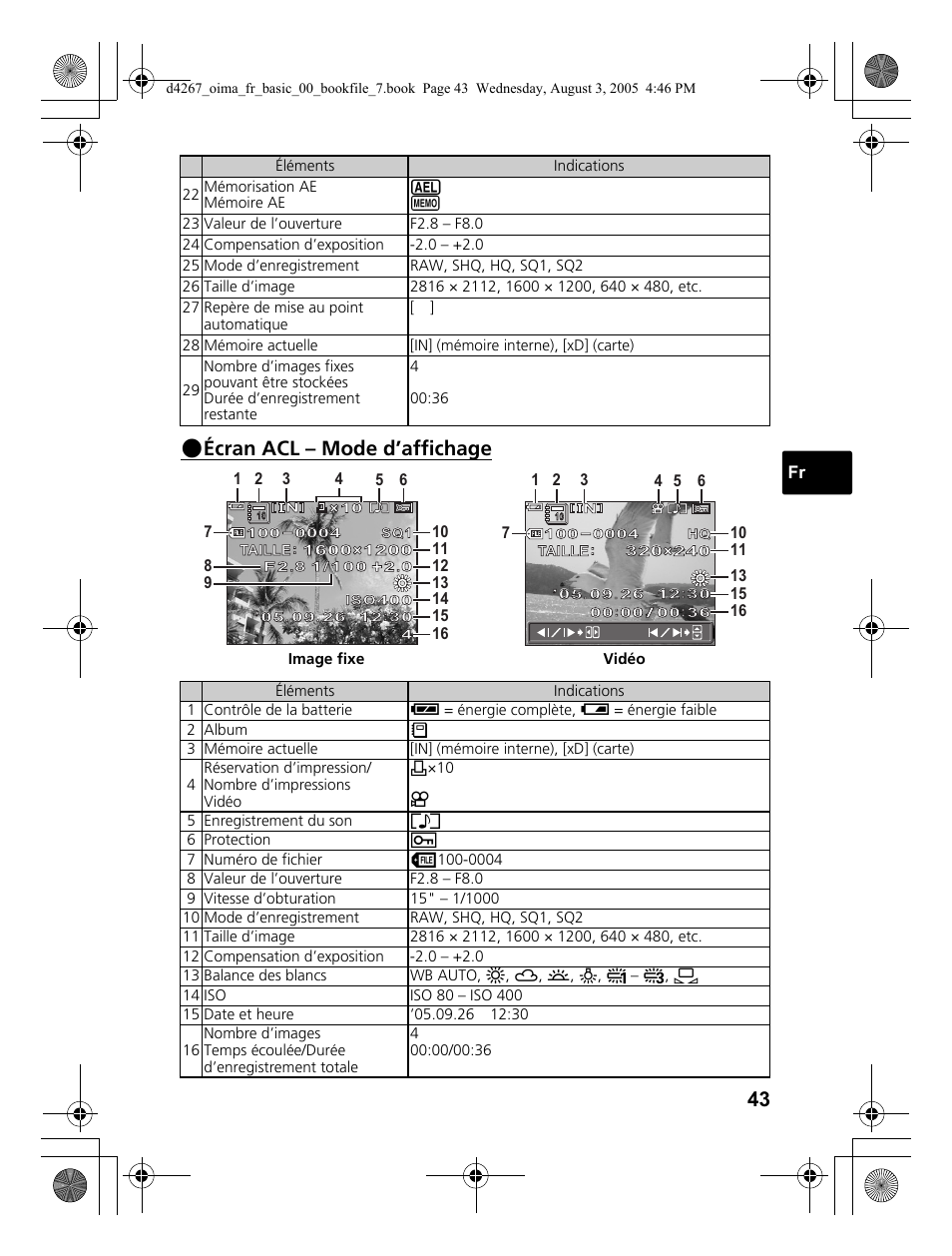 Écran acl – mode d’affichage | Olympus SP-500 UZ User Manual | Page 43 / 84