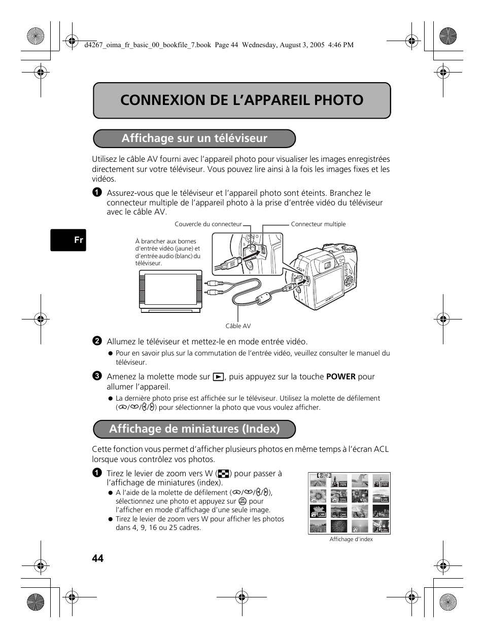 Connexion de l’appareil photo, Affichage sur un téléviseur, Affichage de miniatures (index) | Olympus SP-500 UZ User Manual | Page 44 / 84