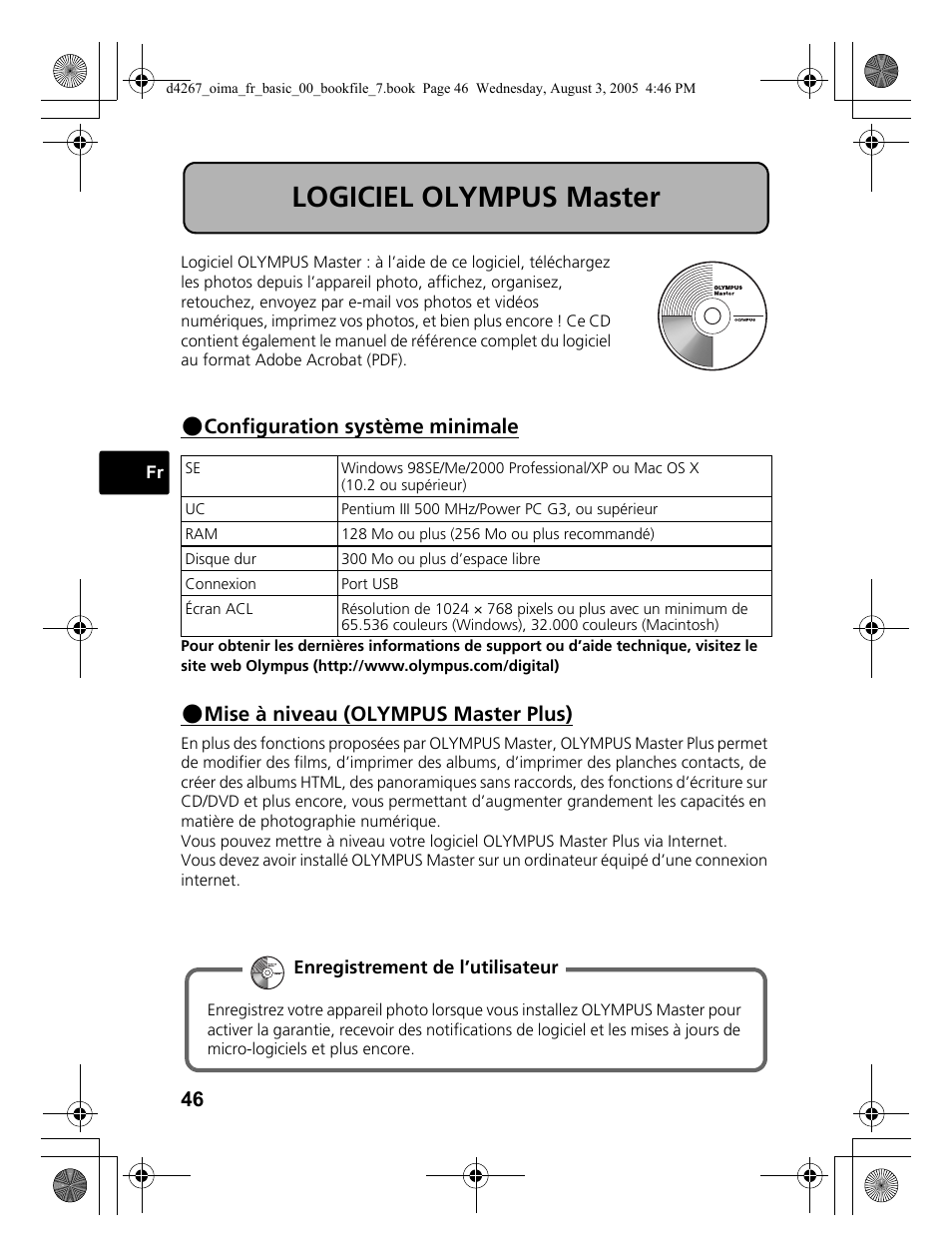 Logiciel olympus master, Configuration système minimale, Mise à niveau (olympus master plus) | Olympus SP-500 UZ User Manual | Page 46 / 84