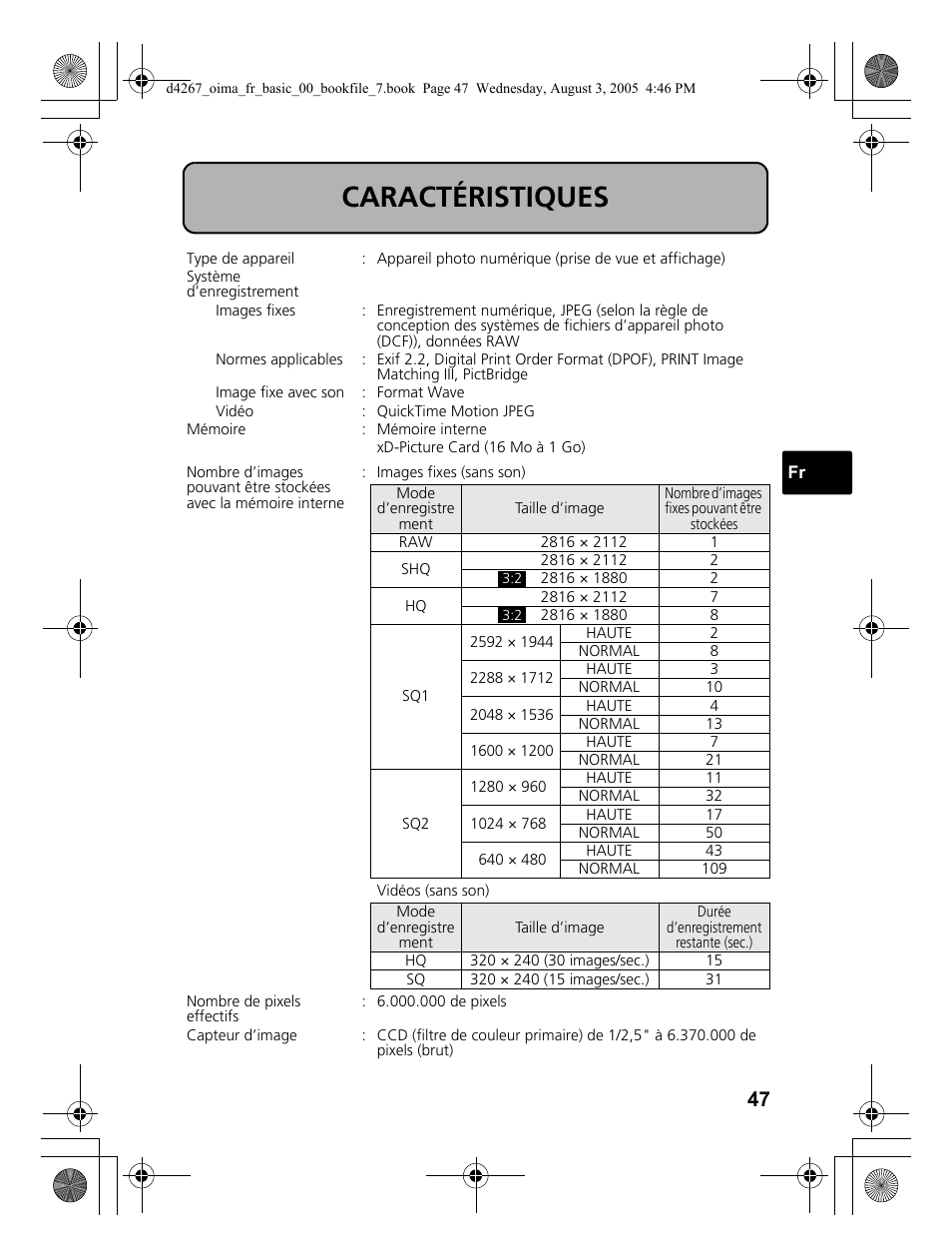Caractéristiques | Olympus SP-500 UZ User Manual | Page 47 / 84