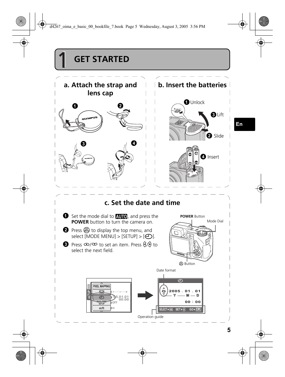 Getting started, Step1 get started, Get started | C. set the date and time | Olympus SP-500 UZ User Manual | Page 5 / 84