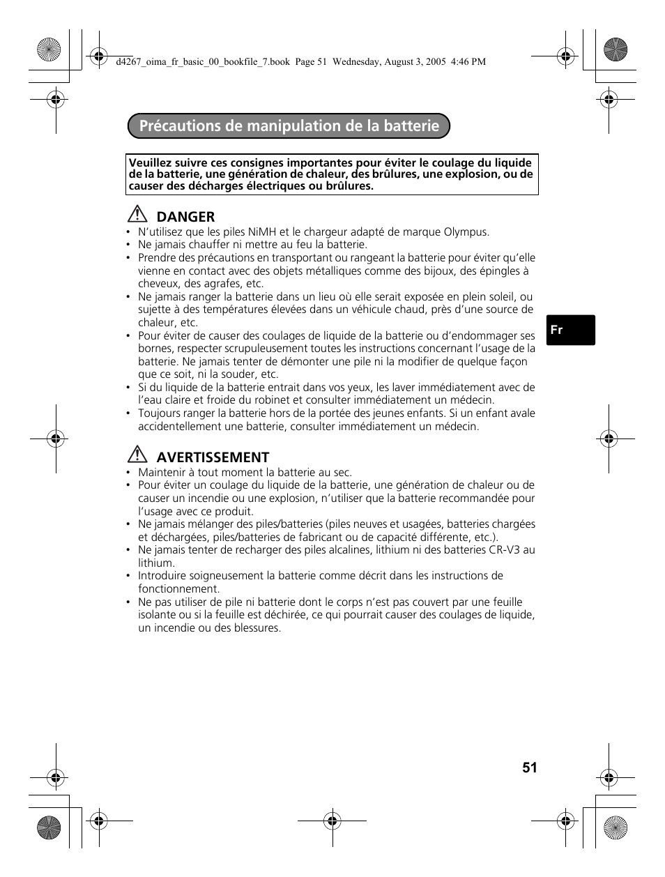 Précautions de manipulation de la batterie | Olympus SP-500 UZ User Manual | Page 51 / 84