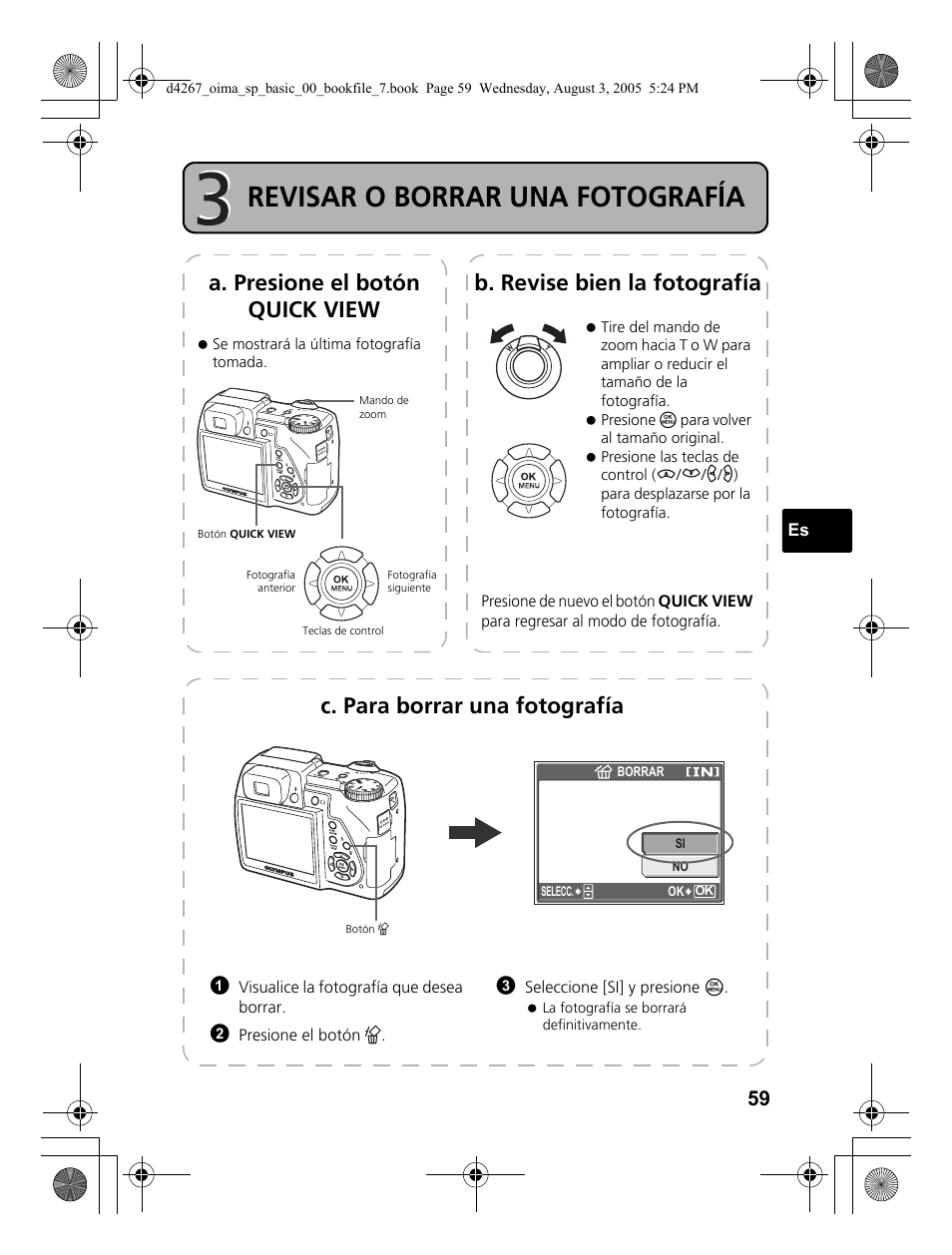 Revisar o borrar una fotografía, C. para borrar una fotografía | Olympus SP-500 UZ User Manual | Page 59 / 84