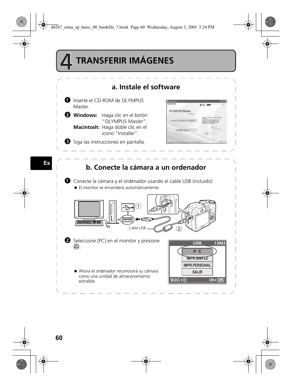 Transferir imágenes, A. instale el software, B. conecte la cámara a un ordenador | Olympus SP-500 UZ User Manual | Page 60 / 84