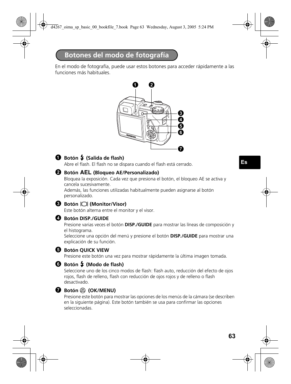 Botones del modo de fotografía | Olympus SP-500 UZ User Manual | Page 63 / 84