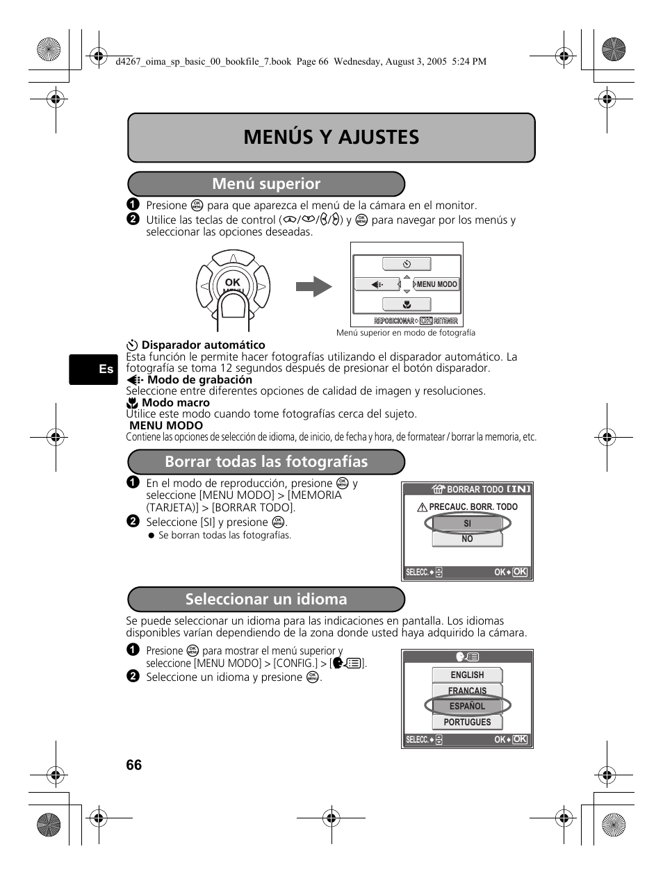 Menús y ajustes, Menú superior, Borrar todas las fotografías | Seleccionar un idioma | Olympus SP-500 UZ User Manual | Page 66 / 84