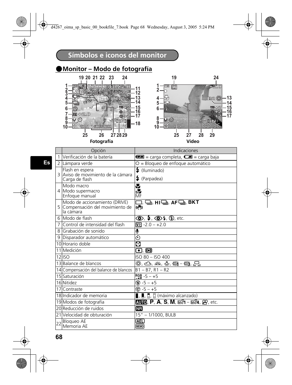 Símbolos e iconos del monitor, Monitor – modo de fotografía | Olympus SP-500 UZ User Manual | Page 68 / 84